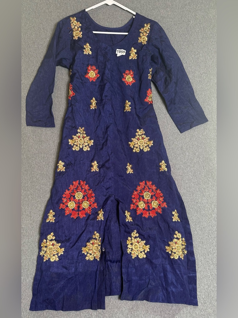 Embroidered Navy Maxi Dress with Gold & Red Accents